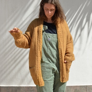 Alpaca wool jacket oversize in camel, hand knitted M-L