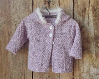 74/80. pink baby jacket with hood, hand-knitted Alpaca approx. 5 months