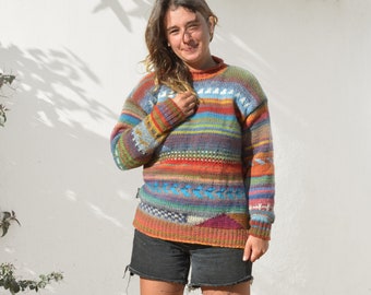 Patchwork wool sweater, colorful women's sweater, hand knitted M