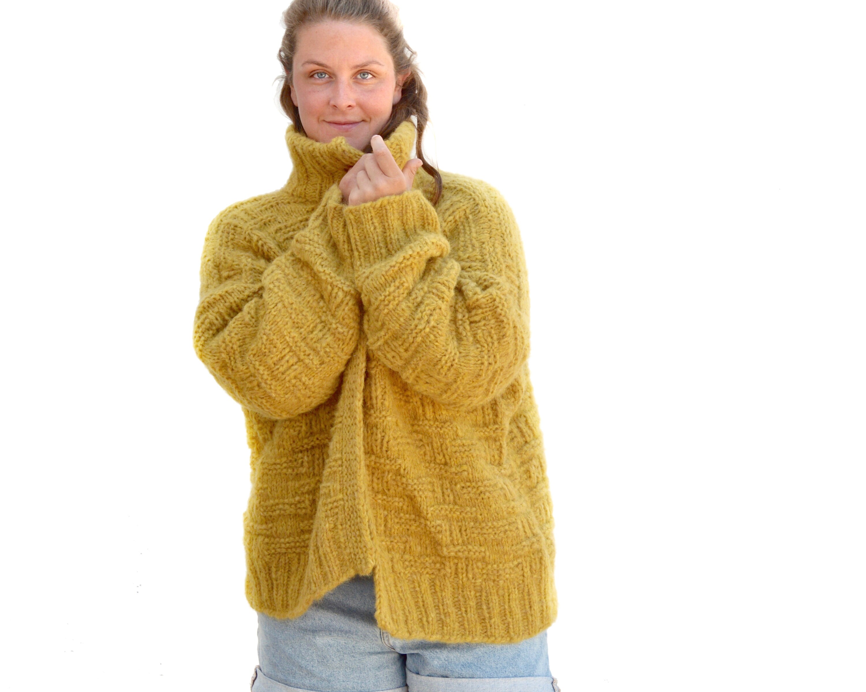 Soft Alpaca Jacket, Honey Yellow, Oversize, Hand-knitted Soft Alpaca Jacket, Honey Yellow, Oversize, Hand-knitted
