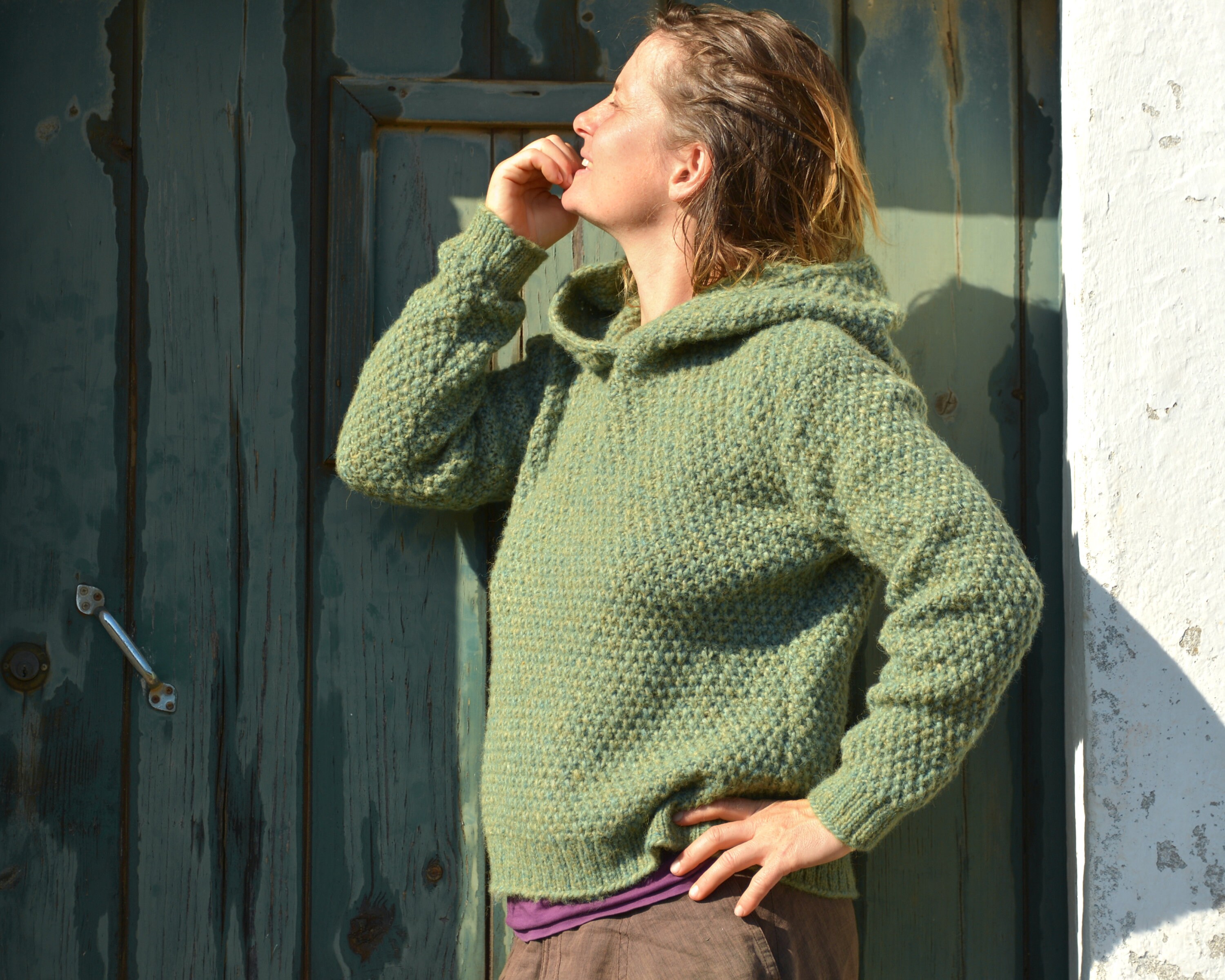 green hoodie, hand knitted alpaca size S