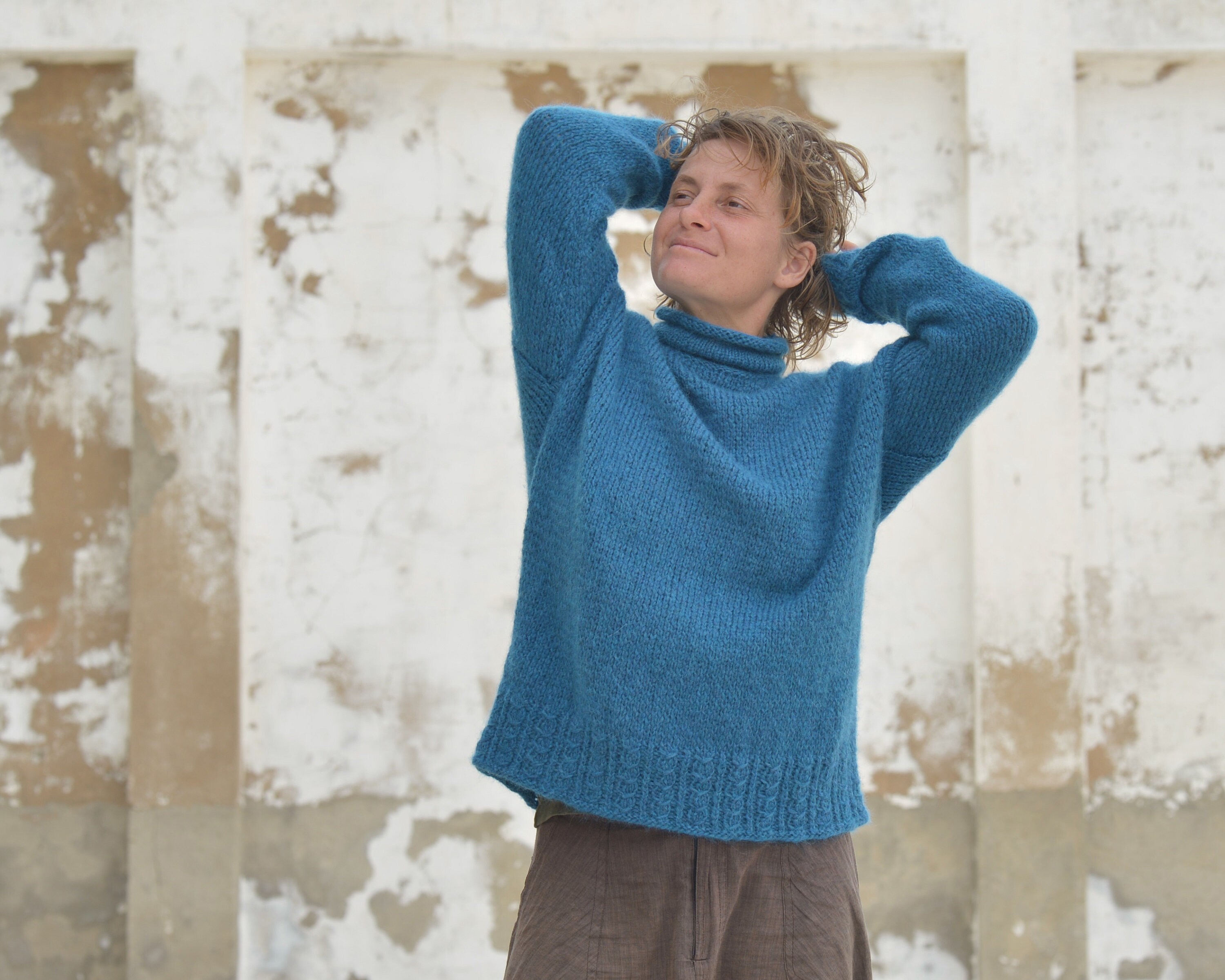 Made to Order, Soft Wool Sweater Petrol Blue, Hand-knitted S-M