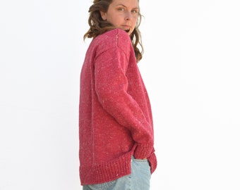 red wool sweater, hand-knitted oversize M-L