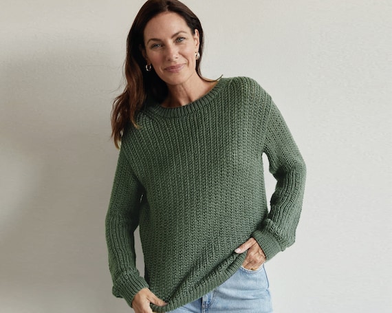 Green women's sweater, chain yarn vegan, hand-knitted size M