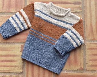 approx. 8 months, hand-knitted wool sweater blue/rust/nature