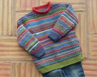 3-4 years. Colorful wool sweater with striped structural pattern. Hand knitted