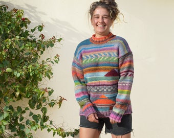 Colorful wool sweater patchwork, hand knitted size S