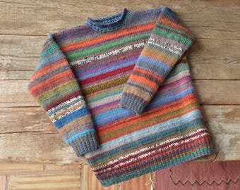 10 years. Colorful wool sweater, striped children&#39;s sweater. Hand-knitted