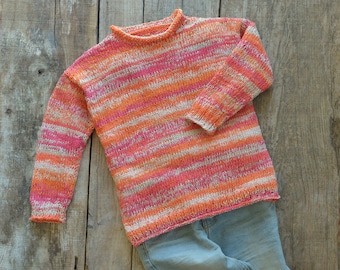 3-4 Jahre, Bunter Kinderpullover pink/orange , handgestrickt Baumwolle