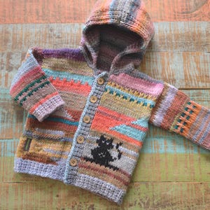 Könnte beinhalten: Ein mehrfarbiger Strick-Kapuzen-Cardigan mit Knopfleiste. Der Pullover hat ein schwarzes Katzenmuster und horizontale Streifen in Orange, Blau, Grün und Lila. Der Cardigan hat eine Tasche auf der linken Seite.