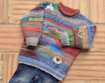 2-3 years, colorful children's sweater, hand-knitted patchwork