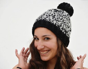 Thick, black and white wool cap