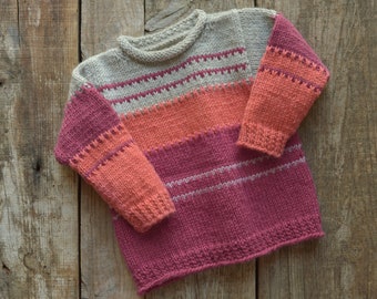 86/92. Hand-knitted children's sweater virgin wool raspberry/coral/pearl grey