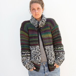 Thick wool jacket, hand knitted colormix, size 36-40