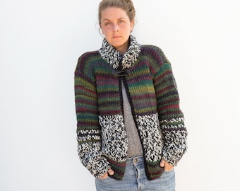 Thick wool jacket, hand knitted colormix, size 36-40