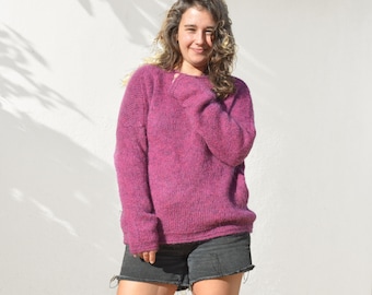 Soft wool sweater berry/cyclamen. Hand-knitted mohair/merino wool