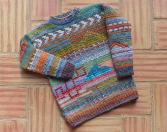 8-9 years. Colorful children's sweater patchwork, hand-knitted