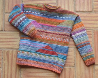 10-11 años. Jersey colorido para niña tejido a mano