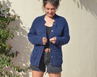 Blue wool jacket, hand knitted virgin wool/ alpaca/ mohair/ silk size S