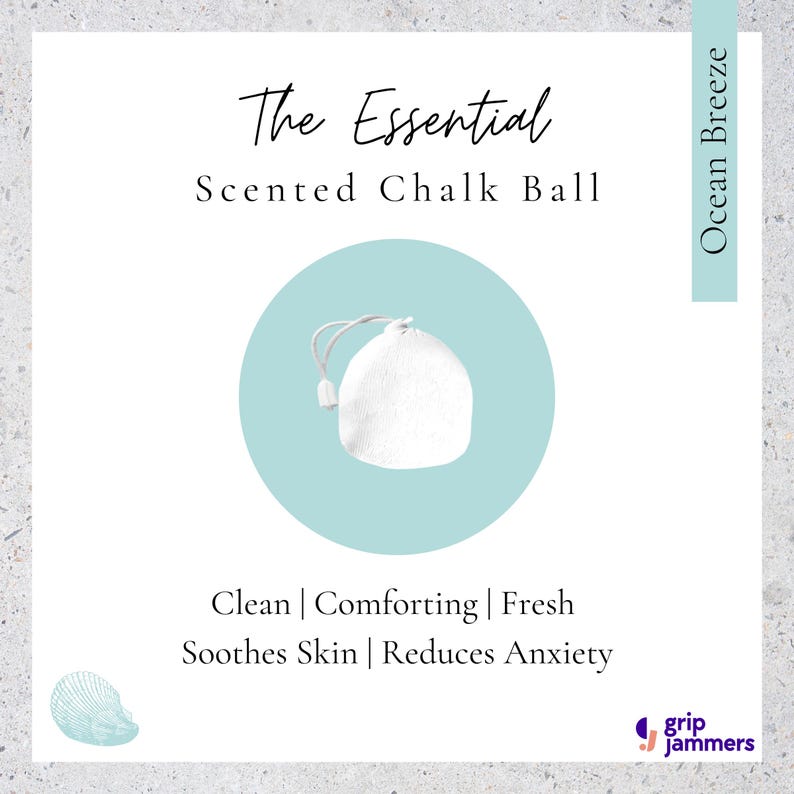 May include: A white drawstring chalk ball centred on a light blue circle. Text reads: The Essential Scented Chalk Ball, Ocean Breeze, Clean | Comforting | Fresh, Soothes Skin | Reduces Anxiety, and the brand name grip jammers with a shell icon.