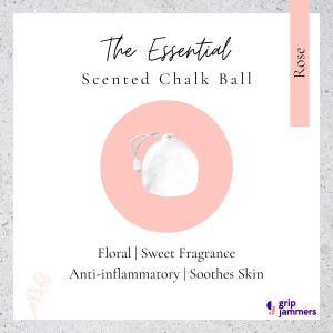May include: A white fabric chalk ball with a drawstring closure, centred on a light pink circular background. Text reads: The Essential Scented Chalk Ball, Rose, Floral | Sweet Fragrance, Anti-inflammatory | Soothes Skin, and grip jammers.