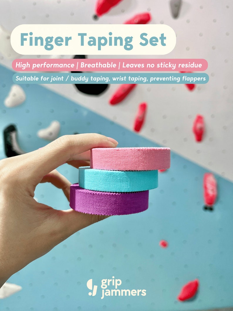 May include: A Finger Taping Set consisting of three stacked rolls of athletic tape in pink, light blue, and purple. The text on the image reads: Finger Taping Set, High performance | Breathable | Leaves no sticky residue, Suitable for joint / buddy taping, wrist taping, preventing flappers, and grip jammers.