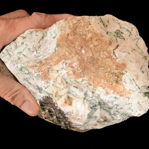 May include: A large, irregularly shaped rock with a white, green, and brown mottled pattern. The rock has a rough, natural texture.