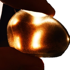 May include: A smooth, golden-brown egg-shaped object with a reflective surface.