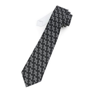 May include: A black necktie with a white repeating pattern of a building with a cross on top.