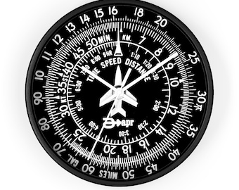 May include: Black and white aviation-themed wall clock. The clock face features a detailed design with markings for speed, distance, and time, including miles and kilometers. The clock hands point to the current time. The clock has a black frame.