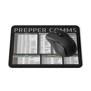 May include: A black mousepad with the text "PREPPER COMMS" printed in white. The mousepad features a chart of radio frequencies and their uses. A black wireless mouse is on top of the mousepad.