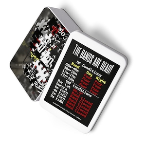 Peut inclure: Une boîte en métal blanc avec une étiquette noire qui indique "The Bands Are Dead!" L'étiquette montre un tableau des fréquences radio et de leurs conditions correspondantes, avec le texte "Poor" ou "Closed" à côté de chaque fréquence. La boîte est ouverte et remplie de pièces de puzzle blanches.