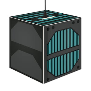 May include: A black cube-shaped speaker with a blue and black striped design. The speaker has a small black microphone on top.