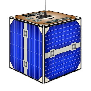May include: A blue and white cube-shaped satellite with solar panels and a black antenna.