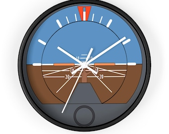 May include: A black and white clock with a blue and brown face. The clock is designed to look like an airplane instrument. The clock face has numbers and markings for 10, 20, and 30. The hands of the clock are white.