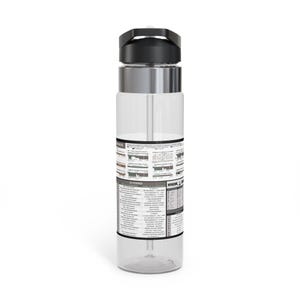 May include: A clear water bottle with a black lid and a silver band. The bottle has a white label with black text and diagrams. The bottle is designed for hydration and is suitable for various activities.