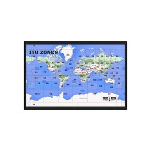 May include: A world map showing the International Telecommunication Union (ITU) radio zones. The map is divided into 75 zones, each numbered with a blue number. The map is on a blue background with red lines dividing the zones.