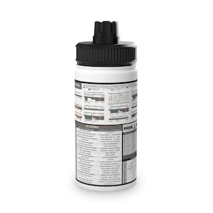 May include: White water bottle with a black lid and a black cap. The bottle is covered in text and diagrams. The text includes "Q-CODES" and "MORSE CODE". The bottle is cylindrical and appears to be made of plastic.