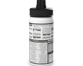 May include: White water bottle with a black lid and a black cap. The bottle is covered in text and diagrams. The text includes "Q-CODES" and "MORSE CODE". The bottle is cylindrical and appears to be made of plastic.