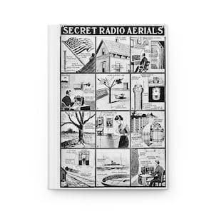 Puede incluir: Una ilustración en blanco y negro de 12 formas diferentes de crear una antena de radio secreta. La ilustración se titula "Secret Radio Aerials".