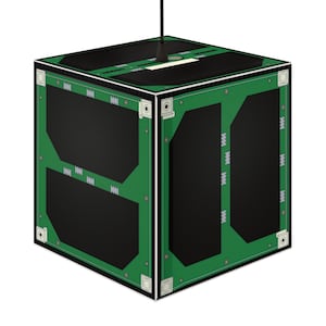 May include: A green and black cube-shaped satellite with an antenna on top. The satellite has a circuit board design on its sides.