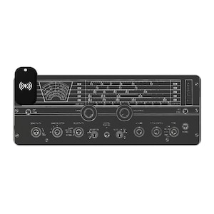 Retro HamShack Mat with wireless smartphone charging and light up LED trim for ham radio operators