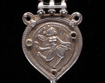 Antique Silver Hanuman Amulet Pendant | Repoussé Rajasthan India | Ethnic Tribal Charm Necklace 40 x 62 mm.