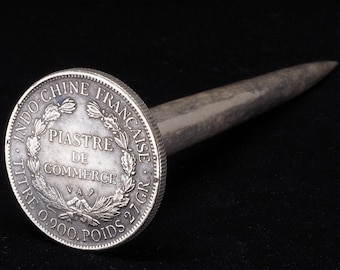 Antique Hmong Silver Hairpin French Indochina Piastre Coin, Rare Miao Tribal Hair Ornament