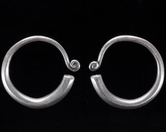 Antique Hmong Miao Silver Earrings, Golden Triangle Tribal Jewelry, Ethnic Spiral Hoop Earrings