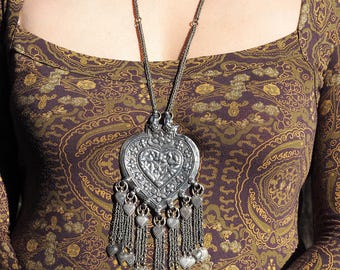 Antique Rajasthan Silver Heart Amulet Necklace, Indian Tribal Folk Jewelry, Rare Boho Statement Pendant