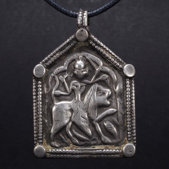 Old Tribal Silver Durga Amulet From Rajasthan - 19thC Old Tribal Silver Durga Amulet From Rajasthan - 19thC
