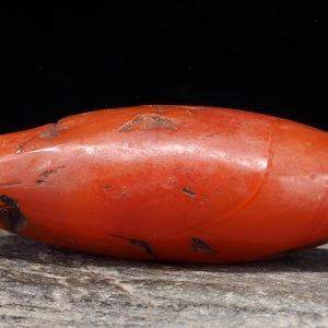Peut inclure: Une perle de pierre oblongue, orange rougeâtre, avec des marques sombres. La perle a une surface lisse et polie et repose sur une surface grise et texturée. Le fond est noir.