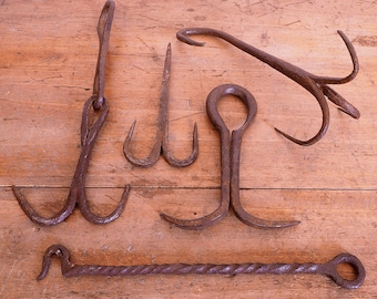 5 Old forged iron hooks. Albacete, Spain. Ethnographic, folk