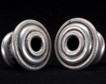 Antique Miao Silver Ear Plugs, Rare Hmong Dong Tribal Jewelry, Ethnic Spiral Gauges
